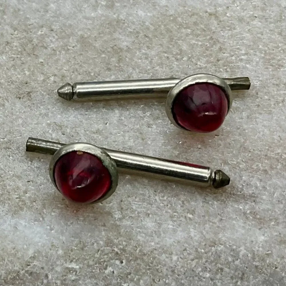 Vintage Red Cabochon Silver Spring Toggle Clasp Cufflinks Gorgeous